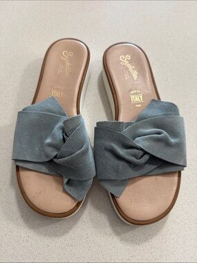 Seychelles Knotted Slide Sandals in Slate Blue Suede